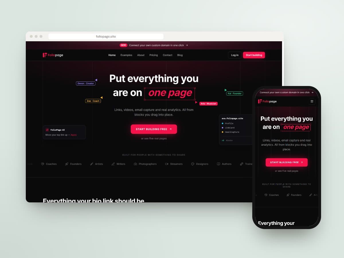 FolioPage website on desktop and mobile