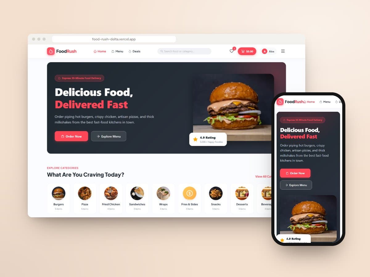 FoodRush website on desktop and mobile
