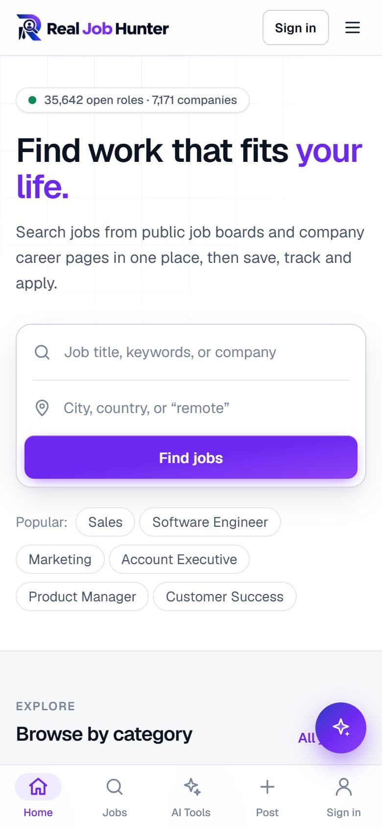 Real Job Hunter screen